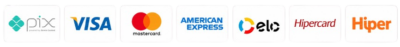 Formas de pagamento aceitas: Pix, Visa, Mastercard, American Express, Elo, Hipercard e Hiper